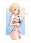  1girl aki_rosenthal ar-khey bikini black_bikini blonde_hair blue_eyes bob_cut breasts cropped_legs from_side halterneck highres hololive large_breasts layered_bikini looking_at_viewer multi-strapped_bikini o-ring o-ring_bikini parted_bangs short_hair smile solo strap_gap string_bikini swimsuit underbust virtual_youtuber white_bikini 