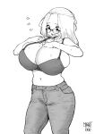  1girl alternate_breast_size bangs_pinned_back blush bra breasts bursting_breasts commentary commission curvy denim dressing english_commentary glasses greyscale highres huge_breasts inconvenient_breasts inne_sulistya_robin jeans long_hair monochrome muffin_top navel nervous_sweating no_shirt norman_maggot original pants solo standing strap_gap sweat underwear white_background 