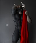  abs anthro bgn biceps black_body black_fur bovid bovine brown_hair cattle ear_piercing eyes_closed flaccid fur gauged_ear genitals hair hand_behind_head hi_res horn male mammal muscular muscular_anthro muscular_male nipples nude pecs penis piercing sebastian_(bgn) simple_background solo tattoo 