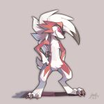  1:1 2016 ambiguous_gender anthro biped cheek_tuft claws dated dipstick_ears facial_tuft full-length_portrait fur generation_7_pokemon grin hi_res knollplaid lycanroc midnight_lycanroc multicolored_body multicolored_ears multicolored_fur nintendo pokemon pokemon_(species) portrait red_body red_eyes red_fur sharp_teeth signature simple_background smile solo standing teeth toe_claws tuft two_tone_body two_tone_fur white_body white_fur 