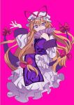  1girl bambootea blonde_hair bow hair_bow hand_fan hat hat_ribbon holding holding_fan long_hair looking_at_viewer mob_cap pink_background portal_(object) purple_eyes red_bow red_ribbon ribbon solo touhou trigram very_long_hair white_headwear wide_sleeves yakumo_yukari 