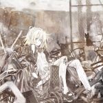  1girl bad_link black_footwear blonde_hair blue_eyes breasts cat chain-link_fence dirty dirty_clothes dirty_face dress expressionless fence highres medium_hair messy_hair original robot rubble sepia sitting small_breasts snow solo takano_otohiko thighhighs torn_clothes white_dress white_thighhighs 