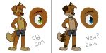  2011 2016 2:1 anthro blue_eyes boxer_briefs boxer_briefs_only brown_body brown_fur canid canine canis clothed clothing domestic_dog english_text eyes_closed fur green_eyes grey_boxer_briefs grey_clothing grey_underwear hands_on_hips hi_res male mammal matt_riskely proposed_design simple_background solo tan_body tan_fur text tinydeerguy topless underwear underwear_only white_background 