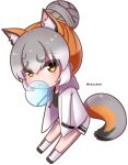  1girl animal_ears boots chewing_gum extra_ears fox_ears fox_girl fox_tail grey_hair highres hikarikmy hood hoodie island_fox_(kemono_friends) kemono_friends kemono_friends_v_project long_hair looking_at_viewer multicolored_hair orange_hair shirt shorts simple_background solo tail two-tone_hair virtual_youtuber yellow_eyes 