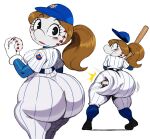  ball baseball_(ball) baseball_(disambiguation) baseball_bat baseball_cap baseball_uniform bat_(object) big_butt big_nose blush blush_lines breasts brown_hair butt clothing female for_a_head gloves hair handwear hat headgear headwear hi_res huge_butt humanoid impact_lines looking_at_viewer mlb mrs._met new_york_mets object_head simple_background solo sportswear sssonic2 surprise surprised_expression thick_thighs uniform white_background wide_hips 