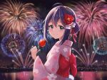  1girl aerial_fireworks ahoge alternate_hairstyle aqua_eyes blush bow breasts candy_apple cityscape closed_mouth dot_nose fireworks floral_print flower food from_side hair_between_eyes hair_flower hair_ornament highres holding holding_food idolmaster idolmaster_million_live! idolmaster_million_live!_theater_days japanese_clothes kimono long_hair long_sleeves looking_at_viewer mochizuki_anna night night_sky obi oscar_(a7069721) outdoors pink_flower pink_kimono print_kimono purple_hair red_bow red_flower sash sky small_breasts smile solo sparkle upper_body waist_bow water wide_sleeves yukata 