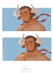  1boy absurdres animal_ears bara blue_sky brown_hair chest_hair cow_ears cow_horns da_tan_lu_(goo) expressions facial_hair from_behind furrowed_brow goatee goo_(koushishikou11) hairy highres horns large_pectorals light_smile long_sideburns looking_at_viewer looking_back male_focus mature_male muscular muscular_male nude original parted_lips pectorals scar scar_on_face scar_on_forehead scar_on_nose short_hair sideburns sky thick_eyebrows upper_body 