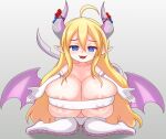  1girl ahoge areola_slip blonde_hair blue_eyes boots breasts budget_sarashi covered_nipples demon_girl demon_horns demon_tail demon_wings fang gradient_background horn_ornament horn_ribbon horns huge_breasts imp_(mon-musu_quest!) incoming_hug long_hair long_pointy_ears micaela_(mon-musu_quest!) mon-musu_quest! nav_(itsnav) open_mouth pointy_ears ribbon sarashi shortstack simple_background sitting smile solo tail thigh_boots very_long_hair wariza wings 