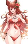  1girl animal_ears anthuria ass_visible_through_thighs bikini breasts erune flower gradient_hair granblue_fantasy hair_flower hair_ornament hand_on_own_chest highres koretsuki_azuma large_breasts long_hair looking_at_viewer medium_breasts multicolored_hair navel open_mouth orange_hair red_bikini red_eyes red_hair side-tie_bikini_bottom simple_background smile solo swimsuit white_background 