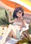  1girl :d absurdres armrest asymmetrical_hair bare_shoulders beach beach_umbrella bikini bikini_skirt blue_bikini blue_flower blue_hair blue_ribbon blurry blurry_background bob_cut bright_pupils chair champagne_flute cocktail_umbrella collarbone commentary cup darling_in_the_franxx depth_of_field drink drinking_glass english_commentary flower foliage frilled_bikini frills full_body glass grass green_eyes hair_flower hair_ornament hakoyoo hand_up highres holding holding_cup holding_drink ichigo_(darling_in_the_franxx) knees_up looking_at_viewer looking_to_the_side lounge_chair midriff navel on_chair open_mouth outdoors ribbon short_hair sitting smile solo swimsuit table teeth two-tone_bikini umbrella upper_teeth_only white_bikini white_flower white_pupils wrist_ribbon 