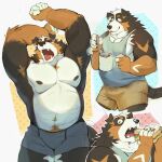  anthro arms_above_head bernese_mountain_dog beverage big_muscles black_body black_fur canid canine canis clothed clothing coffee coffee_mug domestic_dog eating food fur male mammal molosser mountain_dog musclegut muscular muscular_anthro muscular_male o_reowoof open_mouth pecs sandwich_(food) shirt shirtless solo steam stretching swiss_mountain_dog tank_top topwear underwear underwear_only yawn 
