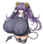  2b-ge big_breasts breasts clothing demon demon_humanoid female hair hi_res horn horned_humanoid huge_breasts humanoid hyper hyper_breasts looking_at_viewer purple_eyes purple_hair simple_background solo spade_tail standing tail thick_thighs unknown_character 