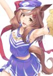  1girl :d animal_ears armpits arms_up blue_headwear brown_eyes brown_hair cabbie_hat cheerleader collarbone commentary_request ears_through_headwear hat horse_ears horse_girl horse_tail looking_at_viewer matikane_tannhauser_(umamusume) midriff_peek miri_(ago550421) multicolored_hair navel pom_pom_(cheerleading) simple_background smile solo streaked_hair sweat tail umamusume v-shaped_eyebrows white_background white_hair 