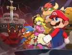  1girl blonde_hair blue_eyes bowser breasts brown_hair crown dress earrings facial_hair geno_(mario) gloves gonzarez hat highres horns jewelry long_hair mallow_(mario) mario mario_(series) medium_breasts multiple_boys mustache open_mouth princess_peach red_headwear shirt smile spikes super_mario_rpg teeth weapon white_gloves 