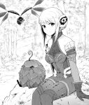  1girl absurdres arciela_v_adoulin bonnet fern final_fantasy final_fantasy_xi forest grey_hair greyscale highres leafkin monochrome nature plant rock sitting sitting_on_object sleeveless 