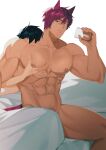  2boys abs absurdres animal_ears aphelios bara bed black_hair closed_mouth convenient_censoring cup grabbing highres holding holding_cup large_pectorals league_of_legends looking_at_another male_focus multiple_boys muscular muscular_male navel nipples on_bed pectoral_grab pectorals red_hair scar scar_on_face scar_on_nose sett_(league_of_legends) short_hair sitting xingdrdr yaoi 
