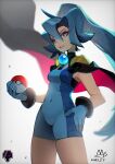  1girl black_cape black_choker blue_bodysuit bodysuit cape choker chromatic_aberration clair_(pokemon) commentary_request covered_navel cowboy_shot dated earrings gem gloves grin hair_between_eyes hand_on_own_hip highres holding holding_poke_ball jewelry lanter_qwq long_hair pearl_(gemstone) poke_ball poke_ball_(basic) pokemon pokemon_(game) pokemon_hgss ponytail smile solo teeth tooth_earrings 