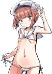  1girl bikini breasts brown_eyes brown_hair clothes_writing cowboy_shot dress fuji_(pixiv24804665) groin hat highres kantai_collection looking_at_viewer lowleg lowleg_bikini sailor_bikini sailor_collar sailor_dress sailor_hat short_hair side-tie_bikini_bottom simple_background small_breasts smile smiley_face solo swimsuit white_background white_bikini white_headwear white_sailor_collar z3_max_schultz_(kancolle) 