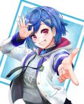  1girl blue_hair commentary_request dolphin_hair_ornament grey_hoodie grin hair_behind_ear highres hood hoodie nijisanji nishizono_chigusa nishizono_chigusa_(1st_costume) numataromomon ok_sign pointing pointing_at_viewer print_hoodie purple_eyes school_uniform selene_girls_school_uniform short_hair smile solo swept_bangs virtual_youtuber 