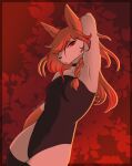  anthro braided_hair breasts canid canine cedar_(ezpups) choker clothed clothing collarbone eyebrows ezpups female fox hair hair_over_eye hi_res jewelry legwear leotard long_hair mammal necklace one_eye_obstructed pose prick_ears raised_arm small_breasts snout solo thigh_highs 