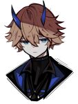  1boy 961_kku black_collar black_jacket blue_collar blue_eyes blue_jacket brown_hair collar headshot highres horns jacket lee:_palefire_(punishing:_gray_raven) lee_(punishing:_gray_raven) looking_at_viewer male_focus punishing:_gray_raven 