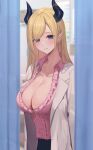  1girl blonde_hair blue_eyes blurry blurry_background blush breasts cleavage collarbone demon_girl demon_horns doorway frilled_shirt frills haro_art highres hololive horns lab_coat large_breasts long_hair looking_at_viewer parted_lips pink_shirt pointy_ears shirt solo straight_hair virtual_youtuber yuzuki_choco yuzuki_choco_(1st_costume) 