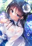  1girl black_bow black_hair blue_eyes blurry blurry_background blush bow bra_visible_through_clothes breasts cleavage highres large_breasts long_hair looking_at_viewer original see-through see-through_shirt shirt shouna_mitsuishi solo underwear water_drop wet wet_clothes wet_hair wet_shirt 