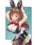  1girl alice_gear_aegis alternate_costume animal_ears araki_(qbthgry) black_leotard blue_background blush breasts brown_eyes brown_hair covered_navel detached_collar fake_animal_ears highleg highleg_leotard highres large_breasts leotard long_hair looking_at_viewer playboy_bunny rabbit_ears showgirl_skirt smile solo strapless strapless_leotard usamoto_anna white_background wrist_cuffs 