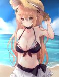  1girl beach bikini black_bikini black_ribbon blue_sky blush breasts brown_eyes choker cloud cloudy_sky collarbone day hair_flaps hair_ornament hairclip hat heterochromia highres hirune_(konekonelkk) horizon kantai_collection large_breasts light_brown_hair long_hair looking_at_viewer murasame_(kancolle) murasame_kai_ni_(kancolle) navel ocean official_alternate_costume outdoors red_eyes ribbon sand skirt sky smile solo straw_hat swimsuit two_side_up water white_skirt 