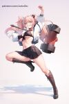  1girl ai-assisted aztodio bear_hair_ornament black_skirt blonde_hair blue_eyes blush boots breasts danganronpa:_trigger_happy_havoc danganronpa_(series) enoshima_junko full_body grin hair_ornament hammer jacket knee_boots large_breasts long_hair looking_at_viewer navel open_clothes open_jacket patreon_username skirt smile solo twintails white_jacket 