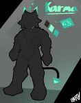  2023 3_toes anthro artist_logo black_body black_fur casual_nudity character_name cheek_tuft chest_tuft eyeless facial_tuft featureless_crotch feet fur grin karma_(probablydemo) logo male mammal model_sheet muscular muscular_anthro muscular_male probablydemo smile solo spade_tail standing tail teeth toes tuft unknown_species 