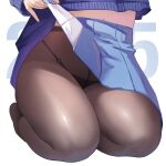  1girl black_panties blue_archive blue_skirt brown_pantyhose clothes_lift highres hip_focus khoaphan96 kneeling lifted_by_self lower_body miniskirt moe_(blue_archive) panties panties_under_pantyhose pantyhose pleated_skirt skirt skirt_lift solo underwear 