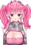  1girl absurdres alternate_costume artist_name black_corset blush bow breasts brown_eyes cleavage corset hair_bow highres looking_at_viewer macross macross_delta makina_nakajima medium_breasts medium_hair parted_lips pink_bow pink_hair pouch see-through see-through_sleeves shrug_(clothing) simple_background solo straight-on twintails white_background yumemi_yuyu 
