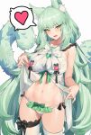  1girl :d absurdres animal_ears aqua_eyes aqua_hair arknights blush breasts frills harmonie_(arknights) heart heart-shaped_pupils henz highres long_hair looking_at_viewer navel open_mouth panties simple_background smile solo spoken_heart symbol-shaped_pupils tail thighhighs underwear very_long_hair white_background white_panties white_thighhighs 