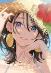  1girl arm_up bare_shoulders black_hair blue_eyes blue_nails brown_headwear commentary_request earrings flower food fruit hand_up hat hat_flower highres jewelry lemon looking_at_viewer nail_polish okuma_mai original parted_lips portrait red_flower solo straw_hat white_flower 