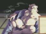  aijo_aijo_qaq anthro balls bear belly blush cigarette clothed clothing eyewear flaccid fur genitals glasses hi_res leib_(tas) lifewonders male mammal musclegut navel nipples partially_clothed pecs penis polar_bear smoking solo tokyo_afterschool_summoners ursine white_body white_fur 