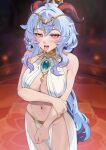  absurdres blue_hair center_opening esencey ganyu_(genshin_impact) genshin_impact gold_necklace hair_ornament heart heart-shaped_pupils highres horns jewelry long_hair navel necklace pelvic_curtain symbol-shaped_pupils tongue tongue_out 