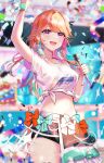  1girl :d arm_up bow bowtie commentary confetti earrings english_commentary feather_earrings feathers half-skirt highres hololive hololive_english idol jewelry long_hair microphone midriff navel open_mouth orange_hair purple_eyes shirt shorts smile solo sowon stomach sweat t-shirt takanashi_kiara tied_shirt virtual_youtuber 