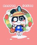  2020 ambiguous_gender animal_crossing anthro basket black_body blue_clothing blush chibi clothing container digital_media_(artwork) dotty_(animal_crossing) english_text female_(lore) flower food hat headgear headwear holding_basket holding_container holding_food holding_object holding_sandwich lagomorph leporid looking_at_viewer mammal nintendo one_eye_closed pink_background plant rabbit sandwich_(food) satojoyu simple_background smile solo text white_body 