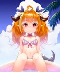  1girl aged_down ahoge araki_(qbthgry) bikini breasts brown_hair cloud dragon_girl dragon_horns dragon_tail hair_intakes highres hololive horns innertube kiryu_coco long_hair navel outdoors pink_bikini pointy_ears red_eyes ribbon sitting sky small_breasts soaking_feet solo swimsuit tail twintails 