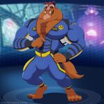  2023 4_toes 5_fingers anthro artist_name beast_(disney) beauty_and_the_beast biped blue_clothing blue_eyes brown_body brown_claws brown_fur bulge cel_shading claws clothed clothing digital_drawing_(artwork) digital_media_(artwork) disney disney_speedstorm feet finger_claws fingers fur greeneyedwolfking hand_on_hip hi_res horn lidded_eyes looking_at_viewer male mammal monster muscular muscular_anthro muscular_male nipple_outline racing_suit shaded smile solo toe_claws toes watermark 