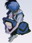  1girl ayanami_rei black_socks blue_hair hasta_luego_o highres neon_genesis_evangelion red_ribbon ribbon school_uniform shadow shirt short_hair simple_background socks solo tokyo-3_middle_school_uniform white_background white_footwear white_shirt 