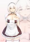  :d anchor_symbol apron azur_lane braid breasts chain choker cleavage clothes_lift collar collarbone hair_between_eyes hand_on_own_chest highres large_breasts lifted_by_self line4x long_hair looking_at_viewer maid maid_apron maid_headdress multiple_girls multiple_views open_mouth purple_eyes red_eyes short_hair sidelocks single_braid sirius_(azur_lane) skirt skirt_lift smile thighhighs white_background white_hair zettai_ryouiki zoom_layer 