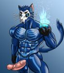  abs absurd_res anthro balls big_penis black_body black_fur black_hands blue_background blue_body blue_eyes blue_fur eyebrows fangs felid feline fur genitals hi_res humanityisdoomed looking_at_viewer magic male mammal markings mask muscular muscular_anthro muscular_male nipples nude pecs penis simple_background skeleton_(marking) skull_mask skullcat_(sar) solo super_animal_royale tail teeth whiskers 