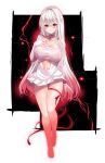  1girl absurdres barefoot blush breasts bridal_gauntlets cleavage closed_mouth collarbone commentary_request dress frilled_dress frills full_body glowing hair_between_eyes hand_up highres large_breasts long_hair looking_at_viewer miyuki_rei navel original red_eyes solo standing very_long_hair white_dress white_hair 