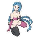  1girl absurdres alternate_costume bare_shoulders blue_hair blush braid breasts highres jinx_(league_of_legends) league_of_legends long_hair looking_at_viewer medium_breasts original pink_eyes potatoartox purple_eyes simple_background sitting small_breasts thick_thighs thighhighs thighs twin_braids very_long_hair 