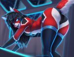  android anthro ara_(fluff-kevlar) bent_over black_hair blue_eyes bra butt clothed clothing cybernetic_ear cybernetics domestic_cat felid feline felis female hair legwear looking_back machine mammal open_mouth panties raised_tail robot solo tail thigh_highs underwear underwear_only wyla 