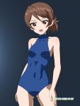  1girl artist_name black_background blue_one-piece_swimsuit breasts brown_eyes brown_hair commentary covered_navel cowboy_shot dated girls_und_panzer halterneck highres kawanishi_shinobu looking_at_viewer naotosi one-piece_swimsuit open_mouth school_swimsuit short_hair short_ponytail simple_background small_breasts smile solo standing swept_bangs swimsuit 