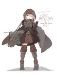  1girl absurdres armor battle_of_titans brown_skirt buckle cape carrying eating gloves green_eyes grey_hair hair_over_one_eye highres holding_snack hood hooded_cape hozukikasumi huge_weapon leg_armor m.a.o._(battle_of_titans) mecha_musume mechanical_legs mechanical_parts missile missile_pod plate_carrier shoulder_armor shoulder_carry skirt standing tagme weapon white_background 