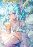  1girl aqua_bikini aqua_eyes aqua_hair bare_shoulders beach bench bikini blue_sky blurry blurry_background blush breasts cloud collarbone commentary cowboy_shot cup day detached_sleeves drink drinking drinking_glass drinking_straw drinking_straw_in_mouth frilled_bikini frills hair_between_eyes hair_ornament hair_tie hatsune_miku highres holding holding_cup juice long_hair looking_at_viewer natukisigure nature navel ocean orange_juice outdoors palm_leaf palm_tree shade side-tie_bikini_bottom sidelocks sitting sitting_on_bench sky small_breasts solo sparkle sparkle_background sunlight swimsuit thighs tree twintails vocaloid water 